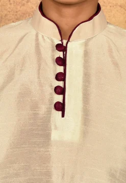 Contrast Trim Dupion Silk Kurta Set in Light Beige