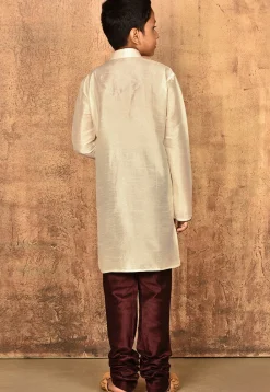 Contrast Trim Dupion Silk Kurta Set in Light Beige