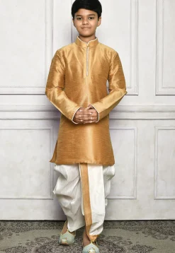 Contrast Trim Dupion Silk Dhoti Kurta in Beige
