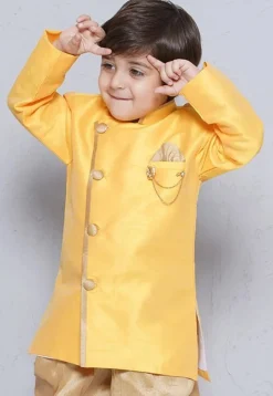 Contrast Trim Dupion Silk Kurta in Yellow