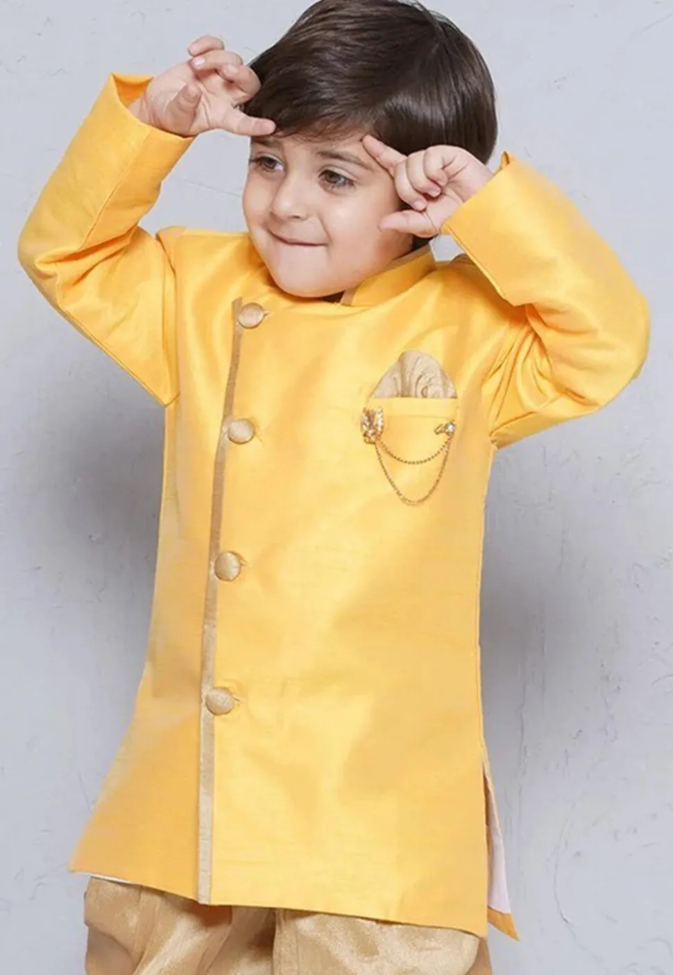 Contrast Trim Dupion Silk Kurta in Yellow