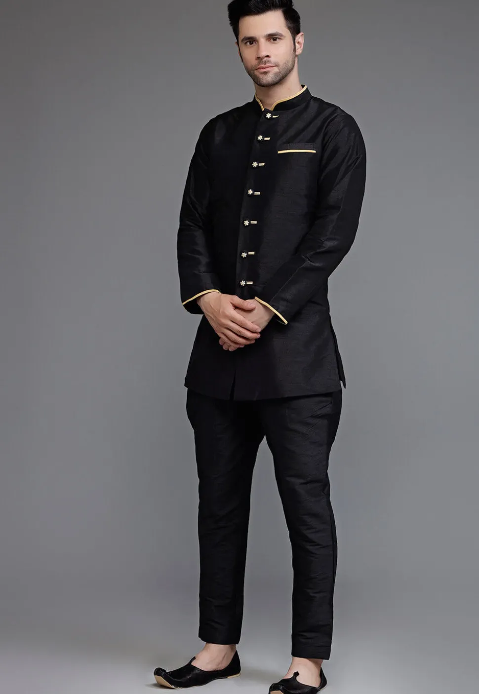 Contrast Trim Dupion Silk Kurta Set in Black