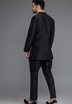 Contrast Trim Dupion Silk Kurta Set in Black