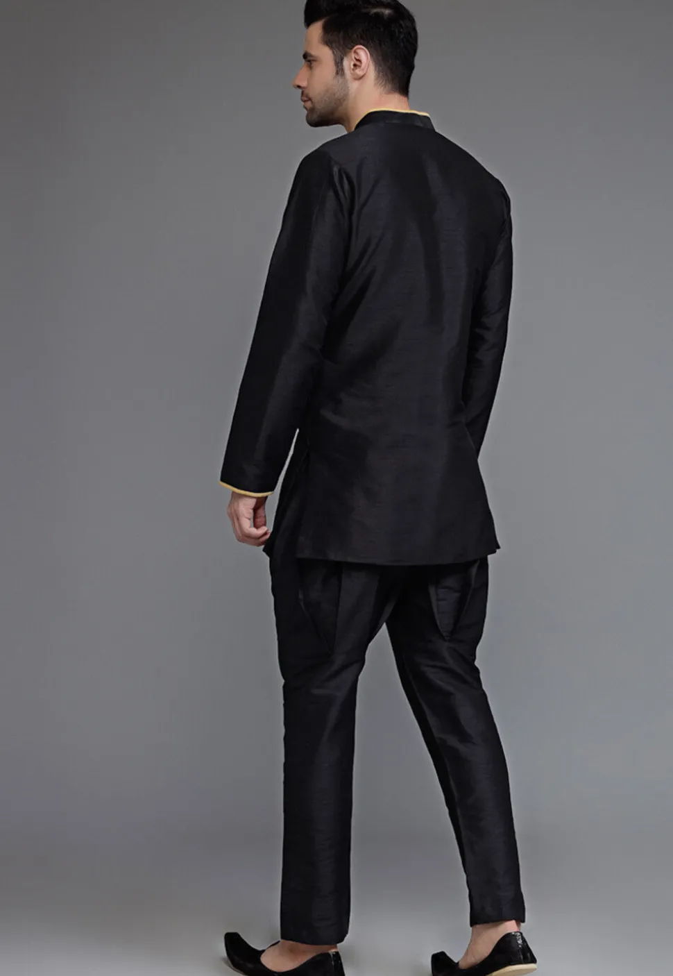 Contrast Trim Dupion Silk Kurta Set in Black