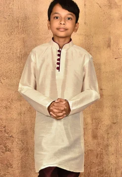 Contrast Trim Dupion Silk Kurta in Light Beige