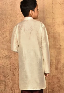 Contrast Trim Dupion Silk Kurta in Light Beige