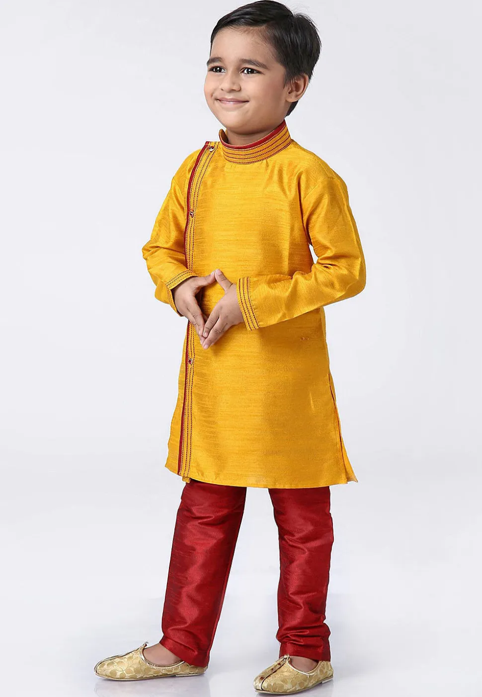 Contrast Trim Dupion Silk Kurta Set in Mustard