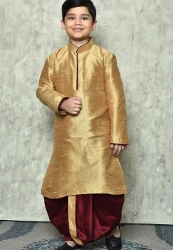 Contrast Trim Dupion Silk Dhoti Kurta in Beige