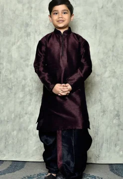 Contrast Trim Dupion Silk Dhoti Kurta in Wine