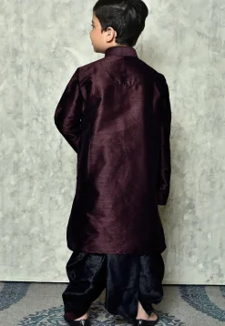 Contrast Trim Dupion Silk Dhoti Kurta in Wine