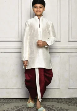 Contrast Trim Dupion Silk Dhoti Kurta in Off White