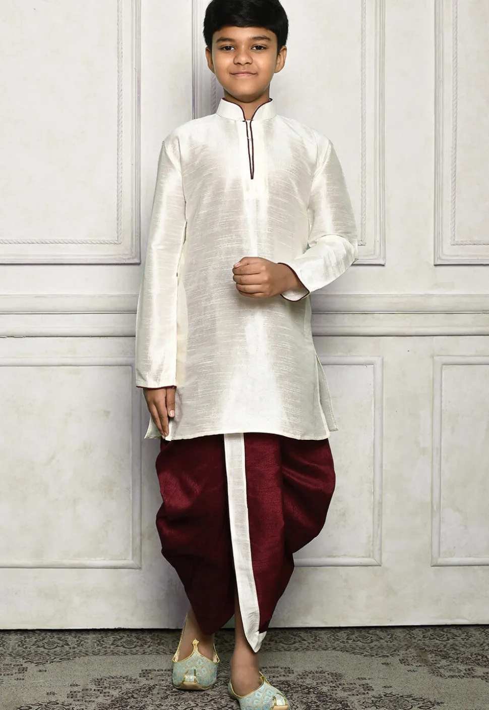 Contrast Trim Dupion Silk Dhoti Kurta in Off White