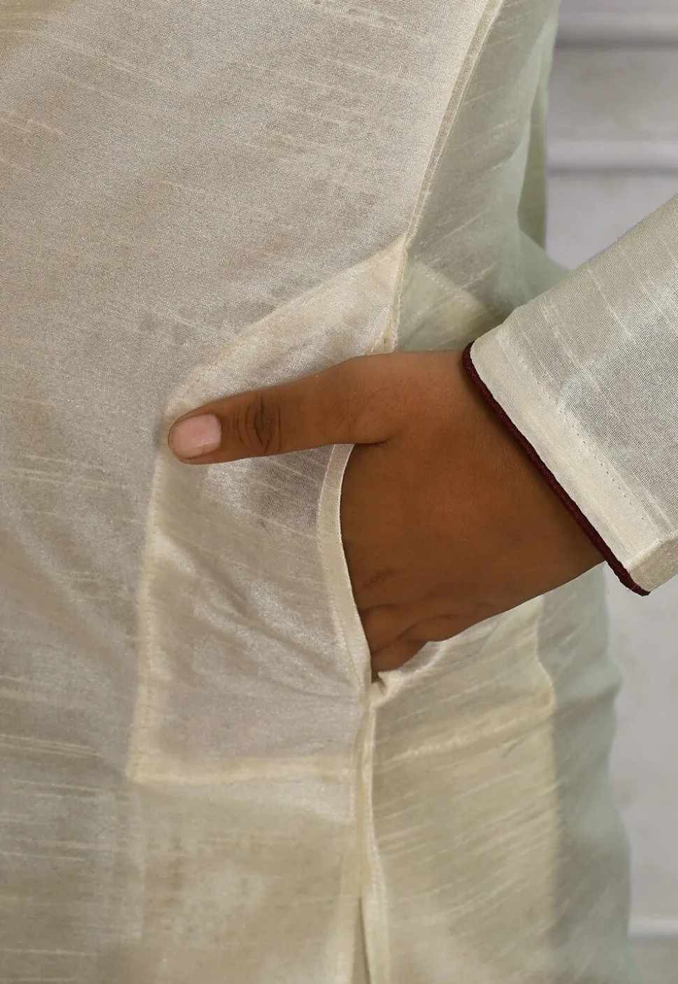 Contrast Trim Dupion Silk Dhoti Kurta in Off White