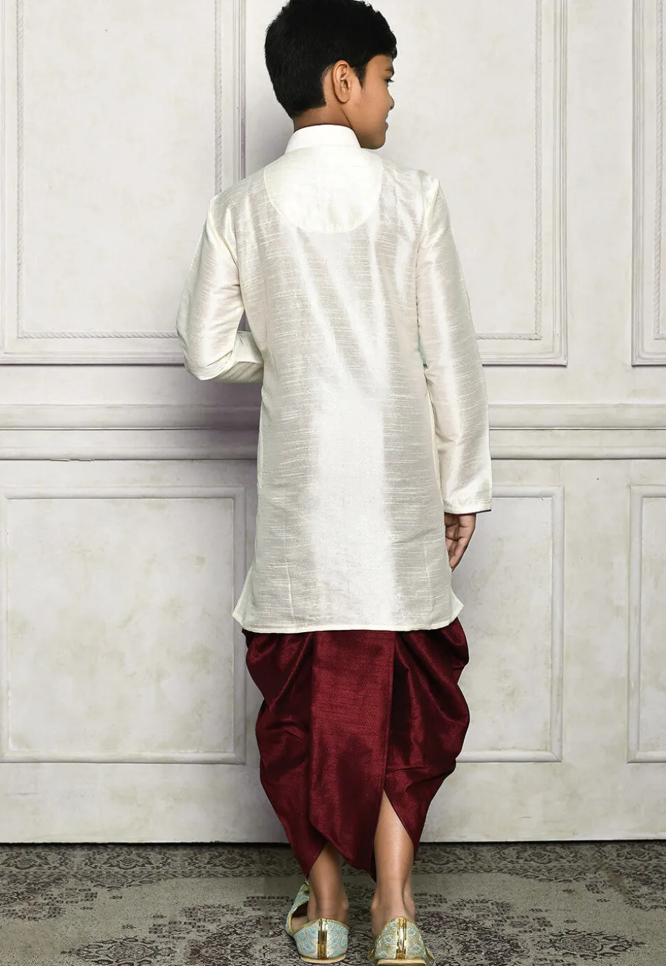 Contrast Trim Dupion Silk Dhoti Kurta in Off White