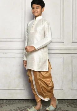 Contrast Trim Dupion Silk Dhoti Kurta in Off White