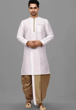 Contrast Trim Dupion Silk Dhoti Kurta in White