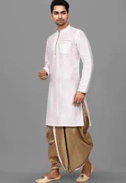 Contrast Trim Dupion Silk Dhoti Kurta in White