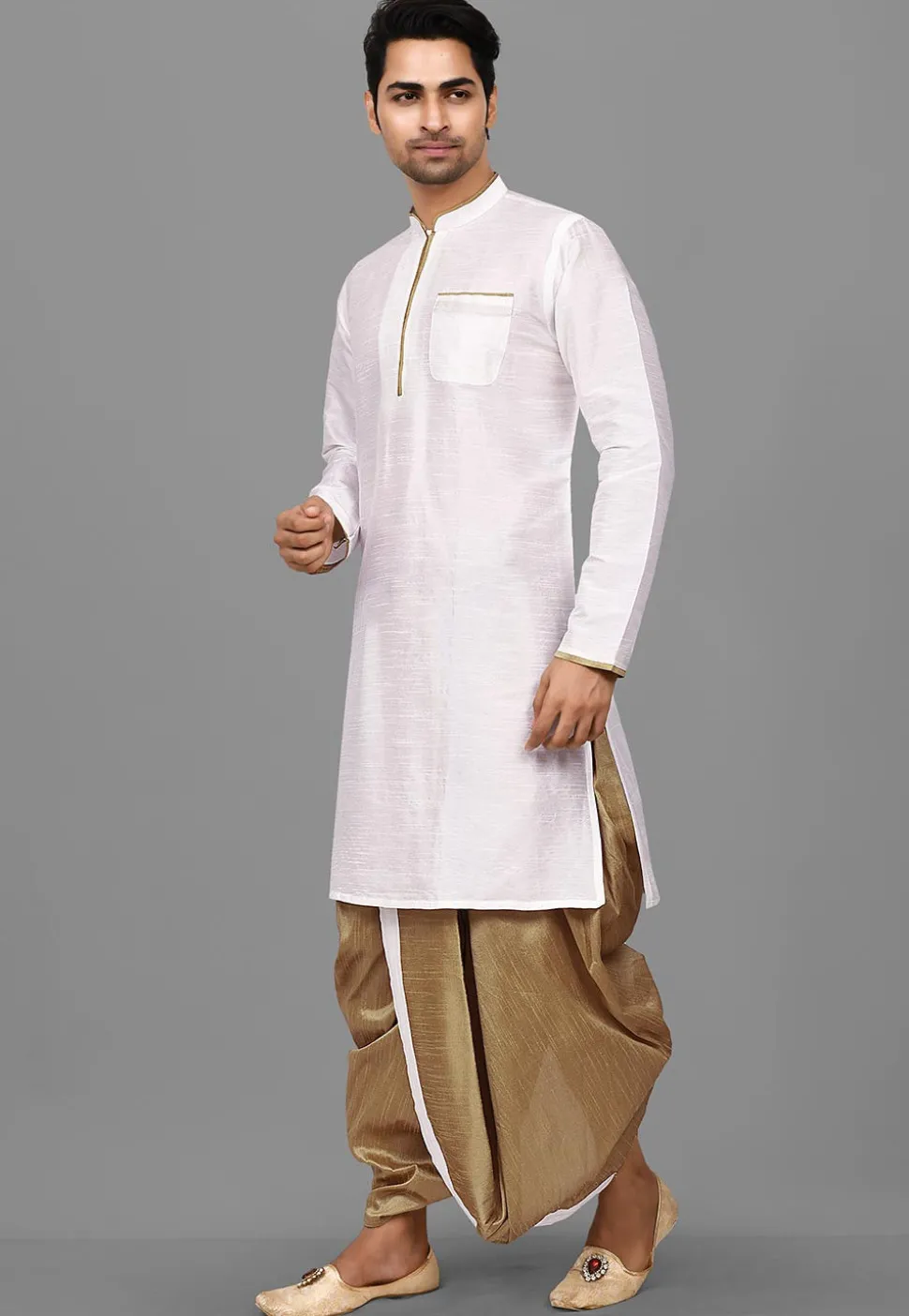 Contrast Trim Dupion Silk Dhoti Kurta in White