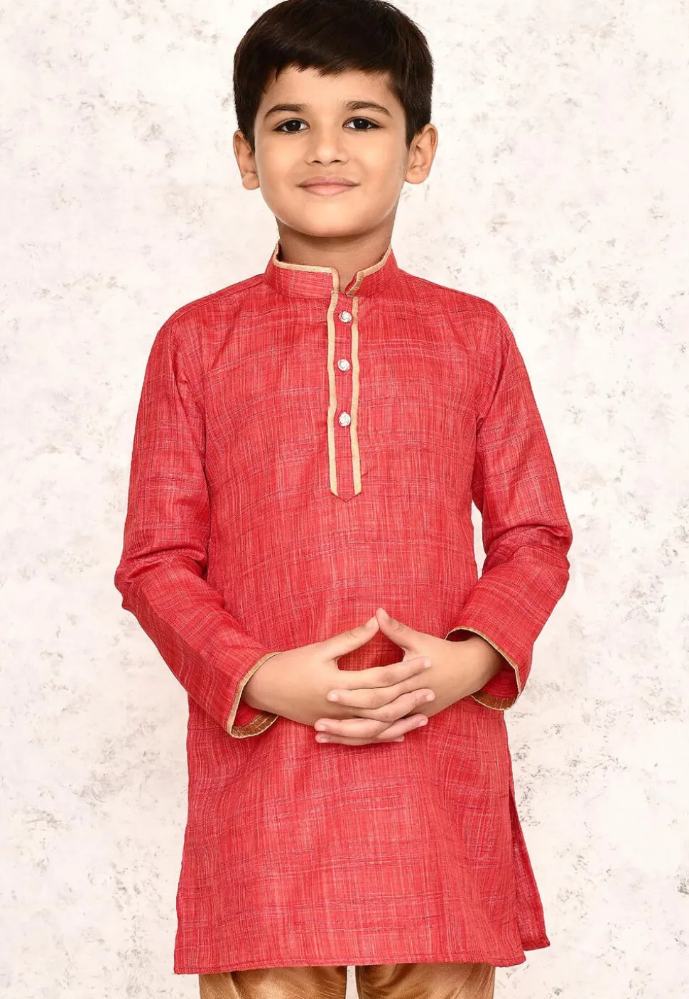 Contrast Trim Jute Cotton Kurta in Coral Red