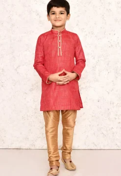 Contrast Trim Jute Cotton Kurta in Coral Red