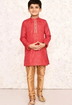 Contrast Trim Jute Cotton Kurta Set in Coral Red