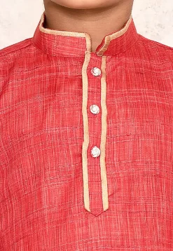 Contrast Trim Jute Cotton Kurta Set in Coral Red