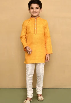 Contrast Trim Jute Cotton Kurta Set in Yellow