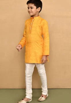 Contrast Trim Jute Cotton Kurta Set in Yellow