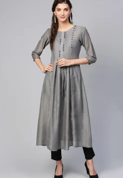Contrast Trim Muslin Silk A Line Kurta in Grey