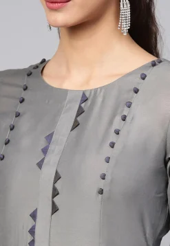 Contrast Trim Muslin Silk A Line Kurta in Grey