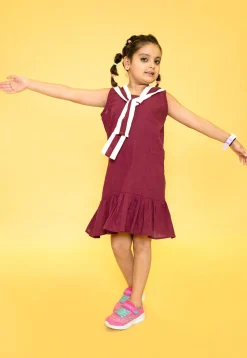 Contrast Trim Pure Cotton Aline Dress in Wine