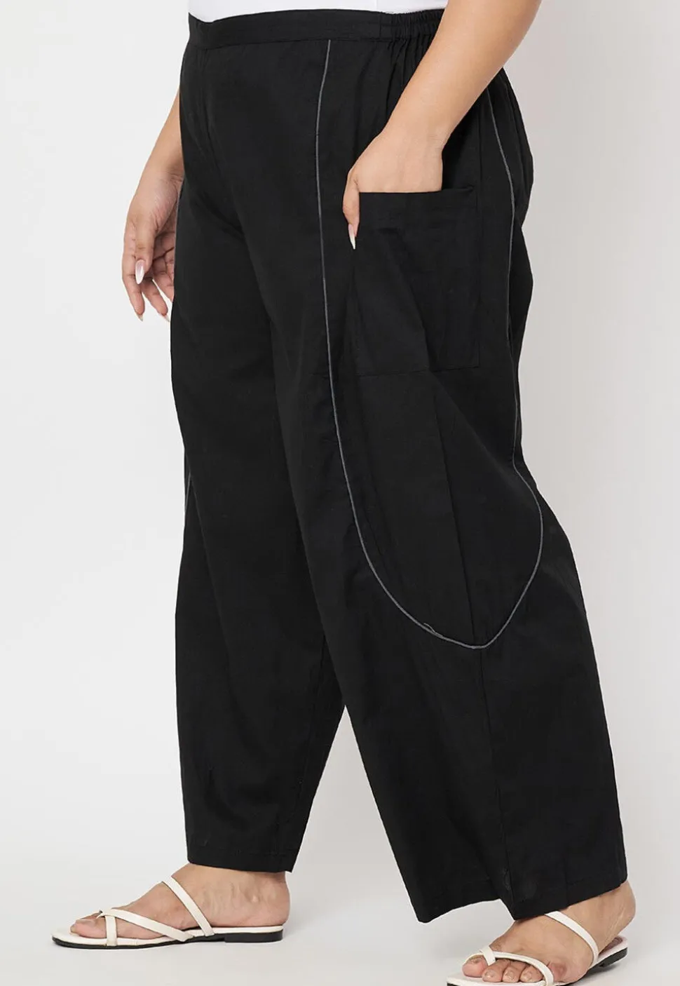Contrast Trim Pure Cotton Trouser in Black