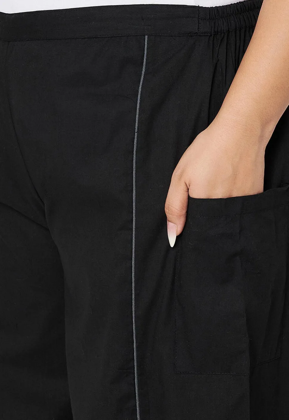 Contrast Trim Pure Cotton Trouser in Black