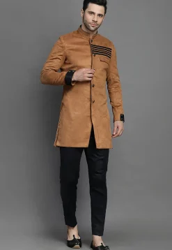Contrast Trim Suede Sherwani in Brown