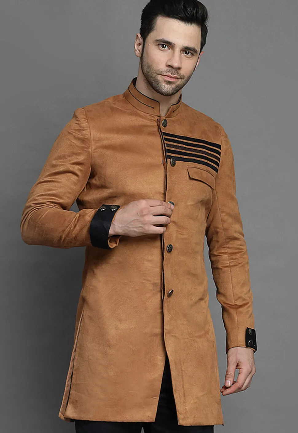 Contrast Trim Suede Sherwani in Brown