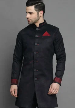 Contrast Trim Suede Sherwani in Black