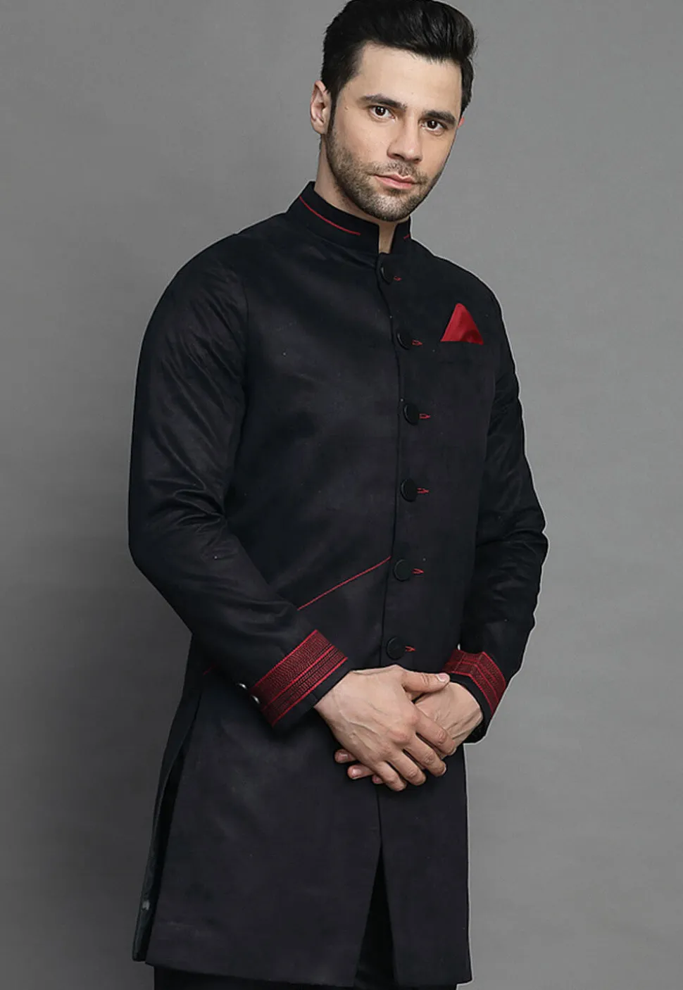 Contrast Trim Suede Sherwani in Black