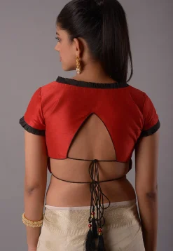 Contrast Trims Art Silk Blouse in Red