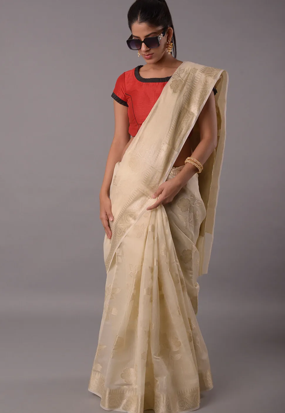 Contrast Trims Art Silk Blouse in Red