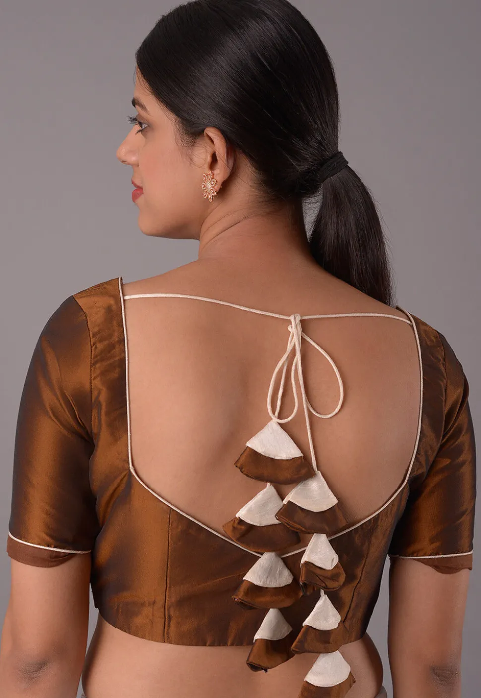 Contrast Trims Art Silk Blouse in Brown