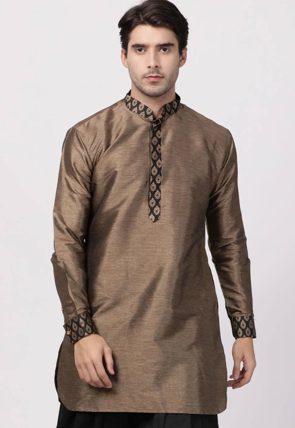 Contrast Trims Art Silk Short Kurta in Brown
