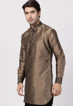 Contrast Trims Art Silk Short Kurta in Brown