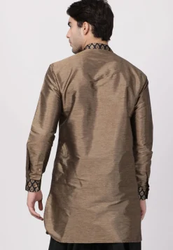 Contrast Trims Art Silk Short Kurta in Brown