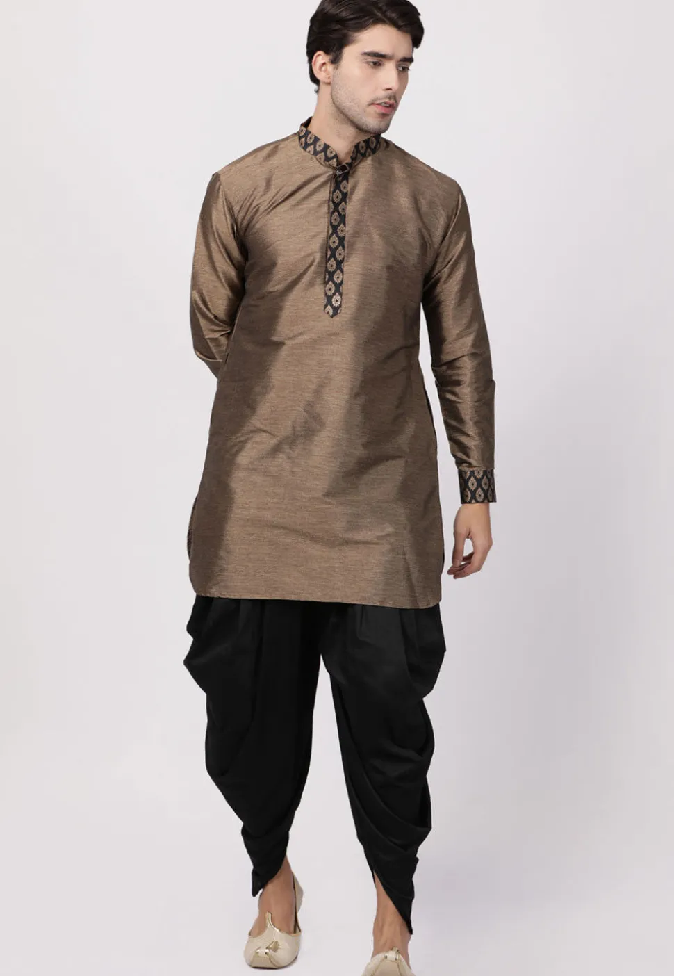 Contrast Trims Art Silk Short Kurta in Brown