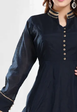 Contrast Trims Chanderi Silk Abaya Style Suit in Navy Blue