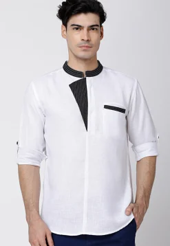 Contrast Trims Cotton Short Kurta in White