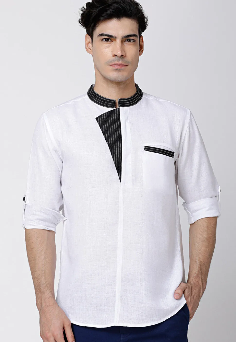 Contrast Trims Cotton Short Kurta in White