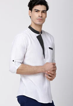 Contrast Trims Cotton Short Kurta in White