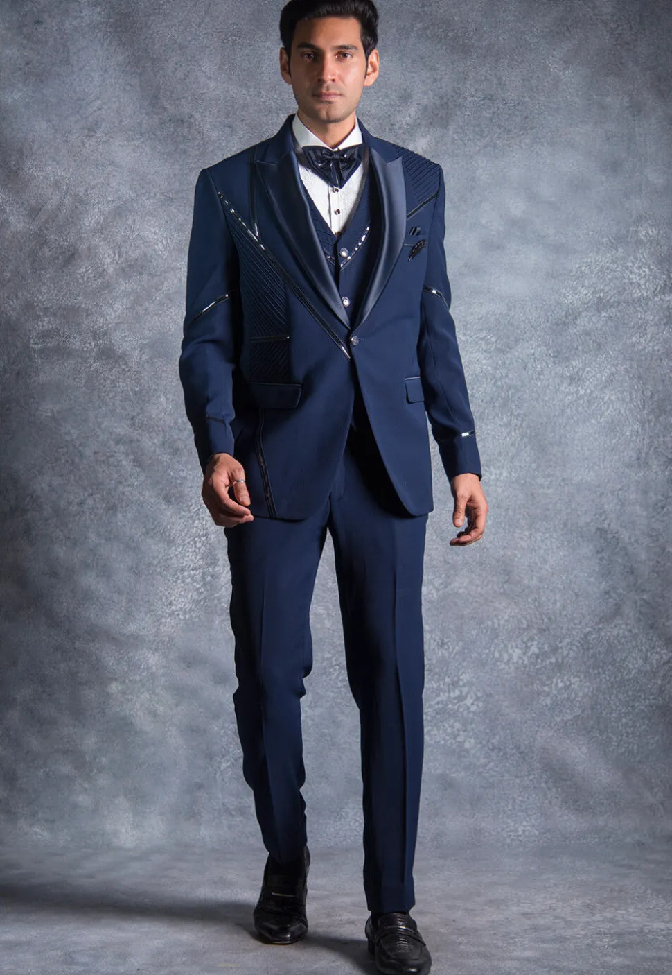 Contrast Trims Pure Terry Rayon Tuxedo Set in Navy Blue
