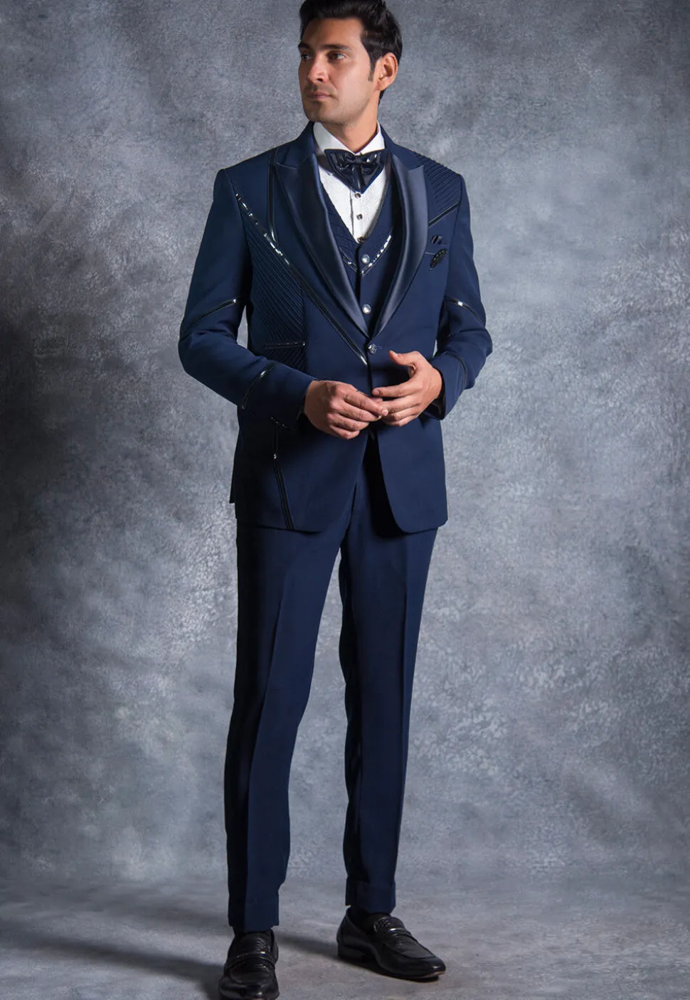 Contrast Trims Pure Terry Rayon Tuxedo Set in Navy Blue